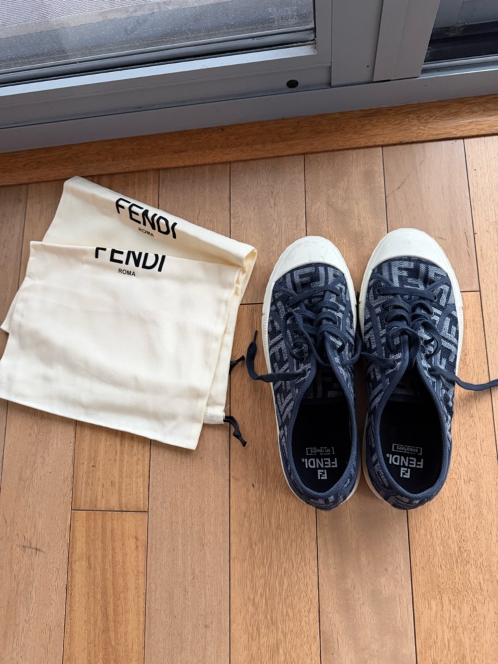 Fendi Navy Monogram Canvas Sneakers with White Toe Cap